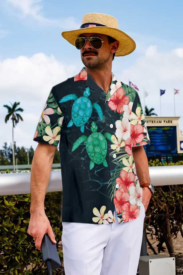 Cool Tropical Sea Turtle And Flower Hawaiian Shirt,Hawaiian Shirt Gift, Christmas Gift