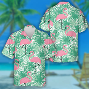 Pink Flamingo On Green Tropical Palm Hawaiian Shirt,Hawaiian Shirt Gift, Christmas Gift