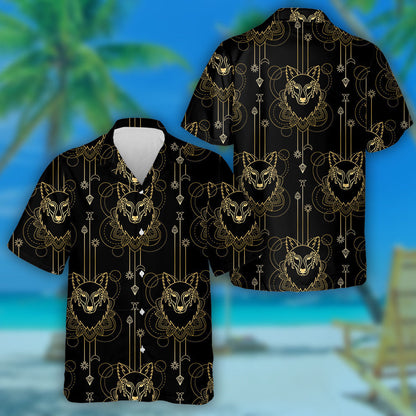 Gold Wolf And Geometric Elements On Black Background Hawaiian Shirt, Hawaiian Shirt Gift, Christmas Gift