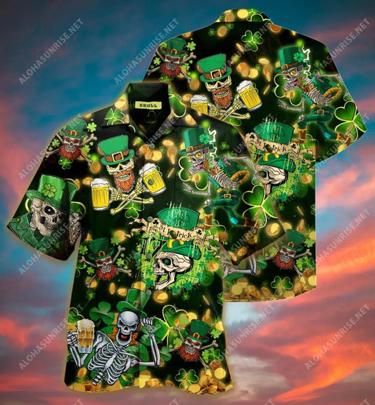 St. Patrick'S Day Skull Short Hawaiian Shirt Summer Hawaiian T Shirts Tactical Hawaiian Shirt Funny Hawaiian Shirts, Hawaiian Shirt Gift, Christmas Gift