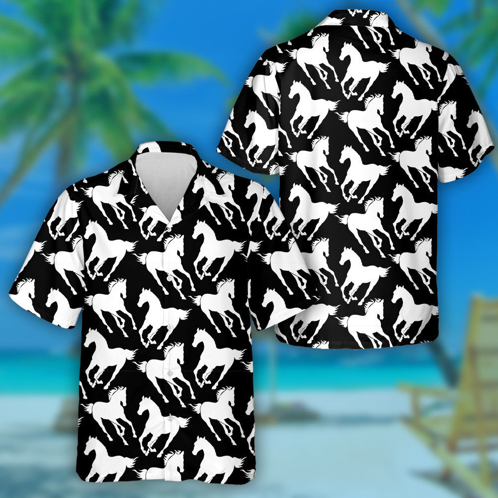 Retro Background Galloping Horse Black And White Hawaiian Shirt, Hawaiian Shirt Gift, Christmas Gift
