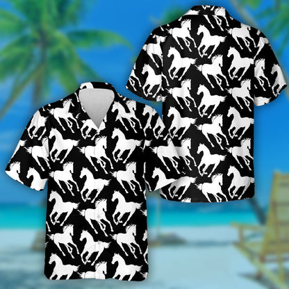 Retro Background Galloping Horse Black And White Hawaiian Shirt, Hawaiian Shirt Gift, Christmas Gift