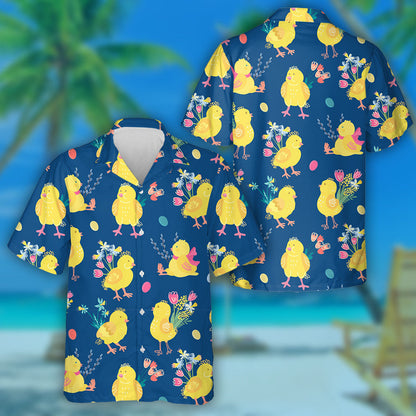 Cute Chickens Bouquets Of Spring Flowers And Eggs Hawaiian Shirt, Hawaiian Shirt Gift, Christmas Gift
