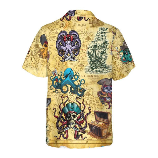 Octopus Pirate Hand Drawn Ship Pattern Vintage Hawaiian Shirt, Hawaiian Shirt Gift, Christmas Gift