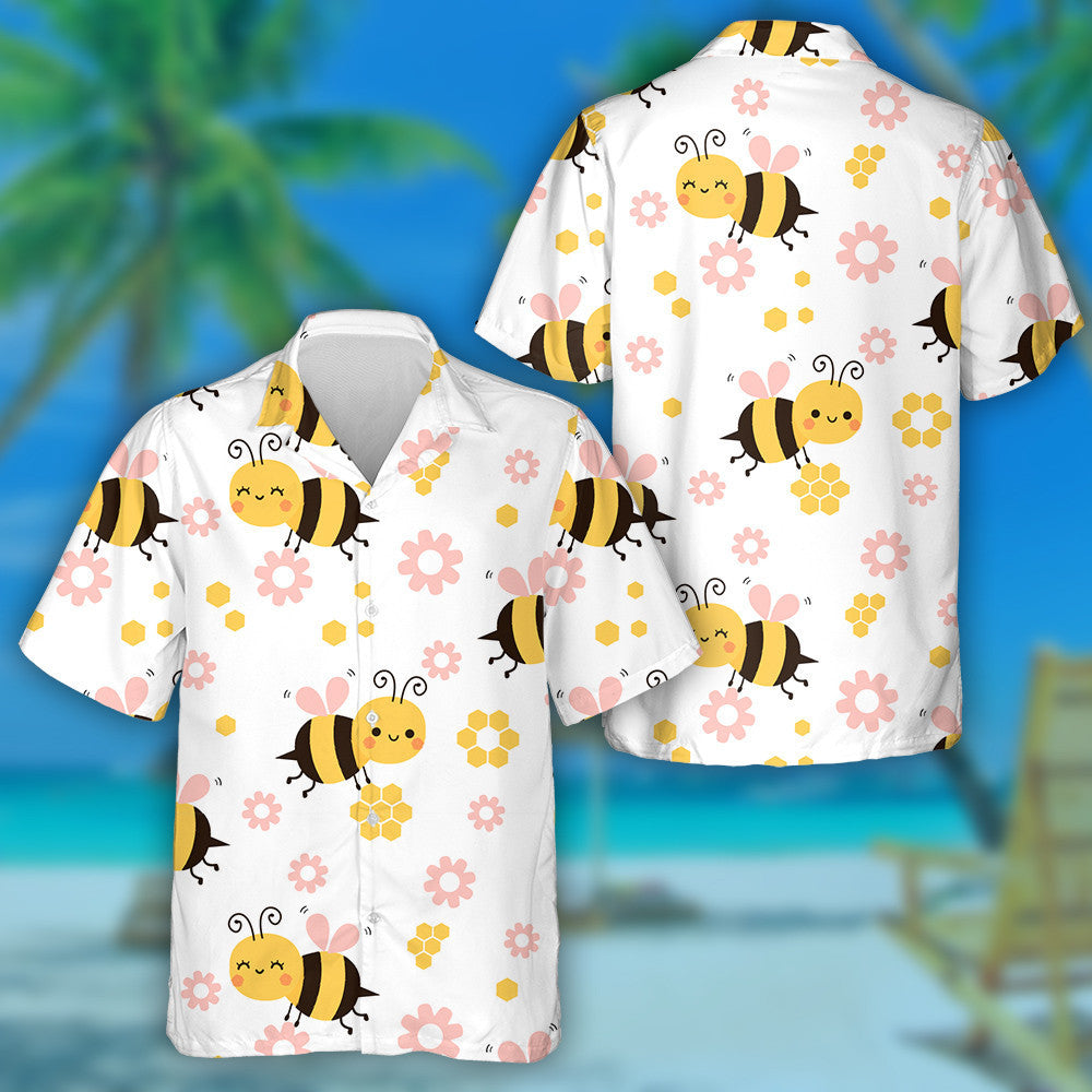 Bee Cartoons And Little Flowers On White Background Hawaiian Shirt, Hawaiian Shirt Gift, Christmas Gift