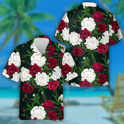 Red Roses And White Peony On A Dark Background Hawaiian Shirt, Hawaiian Shirt Gift, Christmas Gift