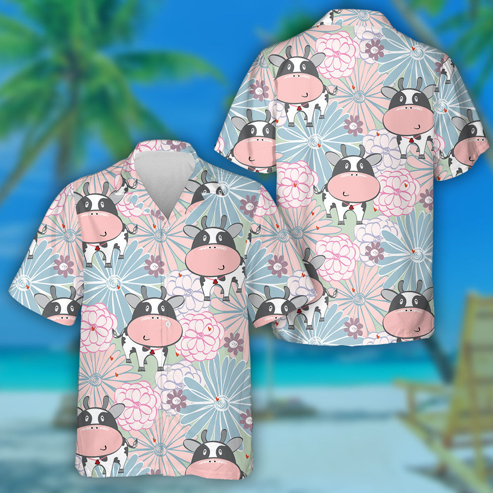 Cartoon Cow And Flower In Light Colors Hawaiian Shirt, Hawaiian Shirt Gift, Christmas Gift