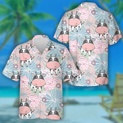 Cartoon Cow And Flower In Light Colors Hawaiian Shirt, Hawaiian Shirt Gift, Christmas Gift