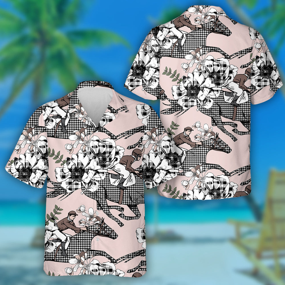 The Running Beautiful Houndstooth Horses And Anemone Flowers Hawaiian Shirt, Hawaiian Shirt Gift, Christmas Gift