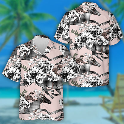 The Running Beautiful Houndstooth Horses And Anemone Flowers Hawaiian Shirt, Hawaiian Shirt Gift, Christmas Gift