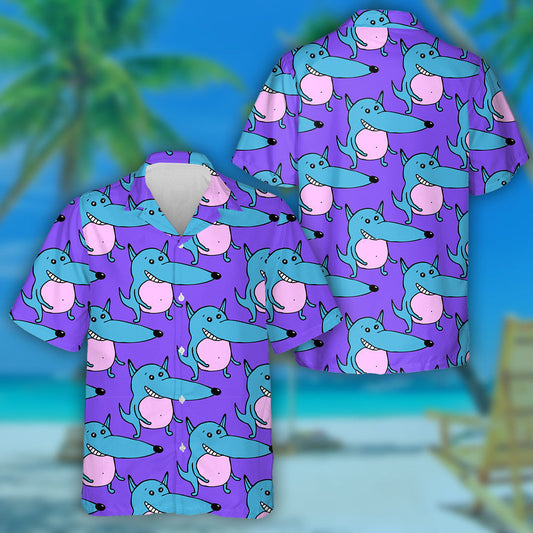 Hand Drawn Blue And Pink Wolfs Hawaiian Shirt, Hawaiian For Gift