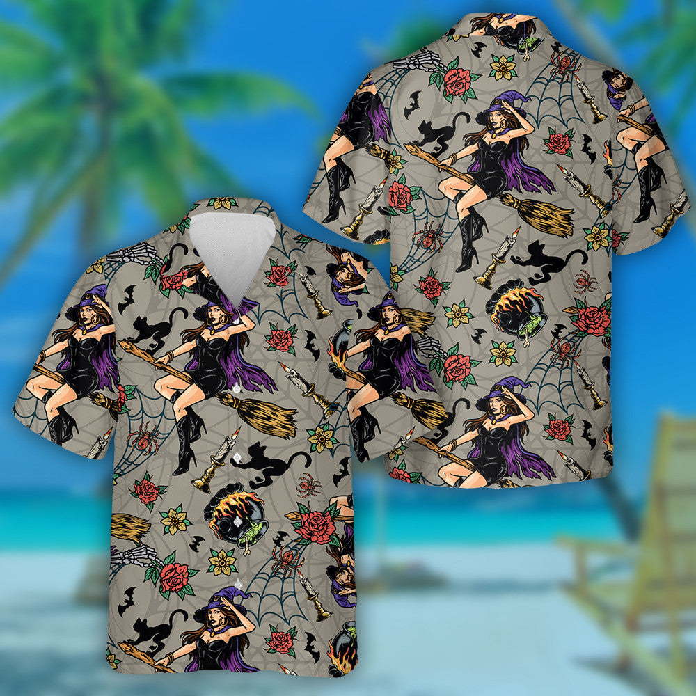 Halloween With Beautiful Witch Flying And Black Cat Hawaiian Shirt, Hawaiian Shirt Gift, Christmas Gift