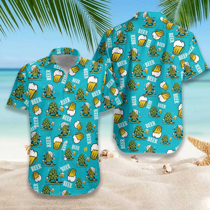 Funny Beer On Deep Sky Blue Design Hawaiian Shirt, Hawaiian Shirt Gift, Christmas Gift