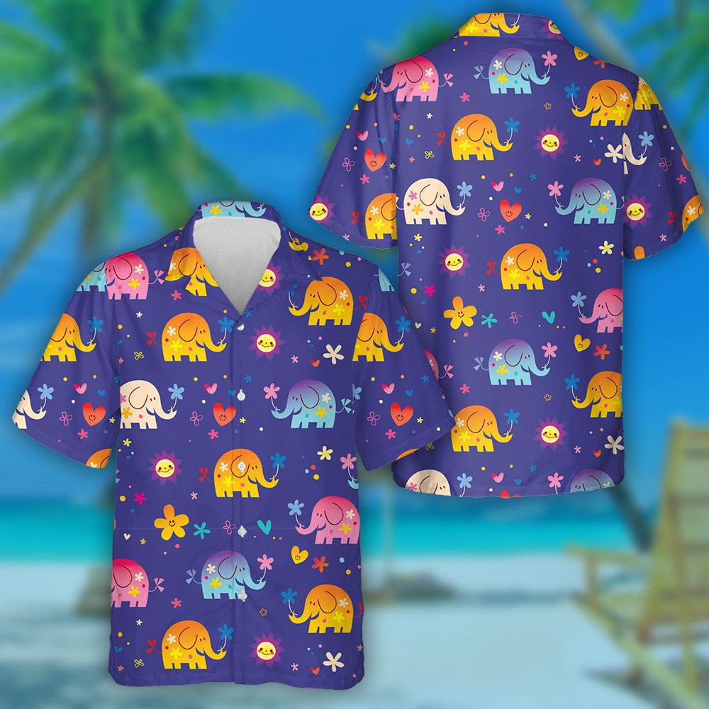 Colorful Cute Elephants And Flowers With Sun Heart Hawaiian Shirt, Hawaiian Shirt Gift, Christmas Gift