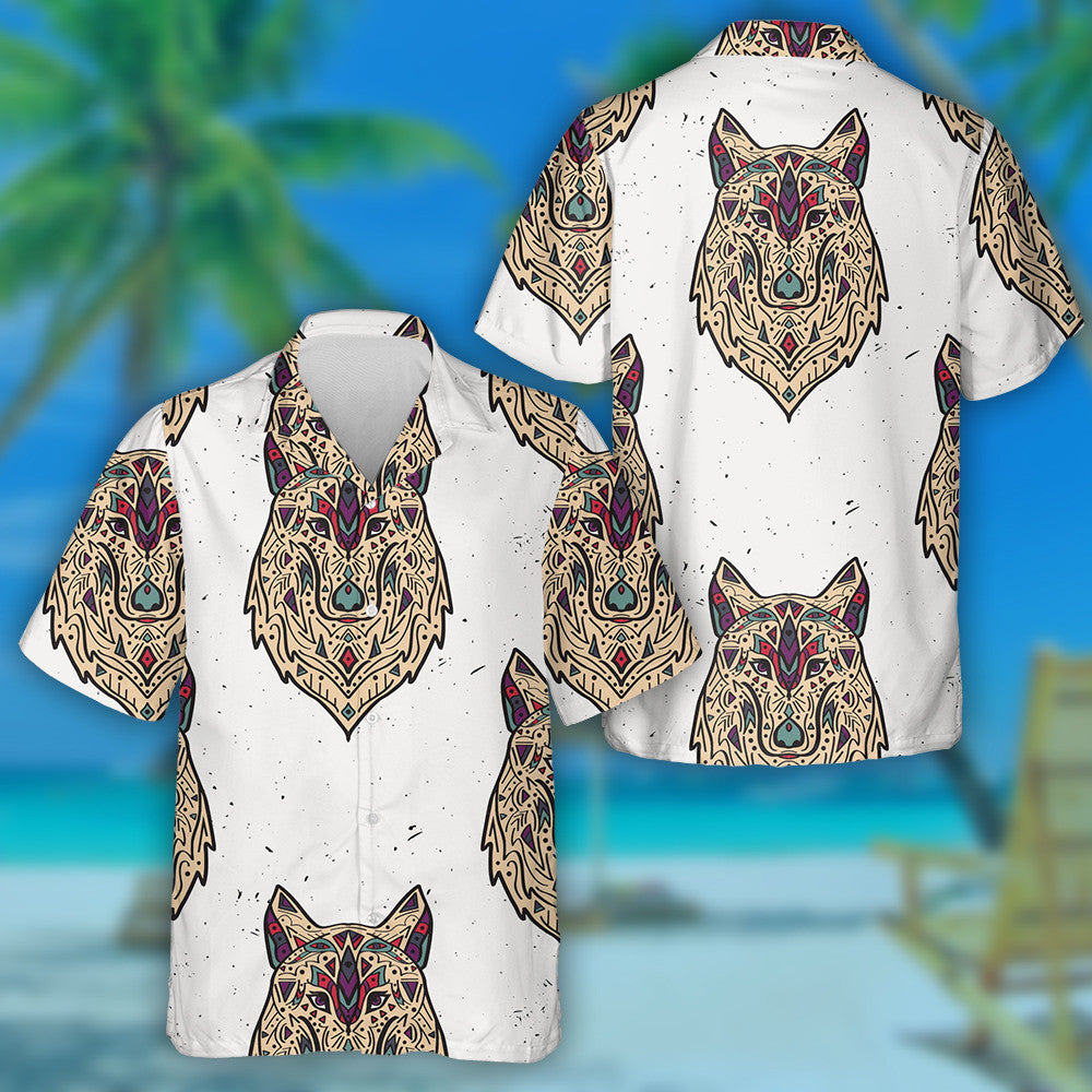Boho Design With Tribal Style Wolf Ethnic Ornaments Hawaiian Shirt, Hawaiian Shirt Gift, Christmas Gift