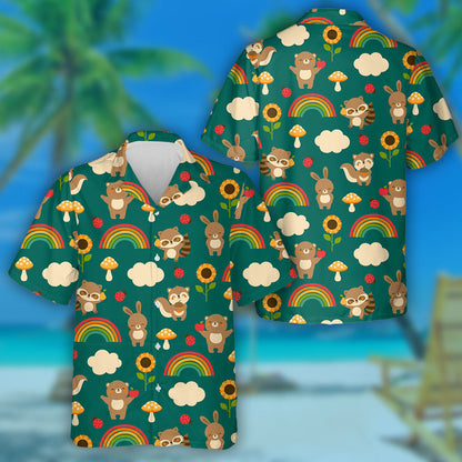 Cute Woodland Animals With Rainbow Sunflowers Mushroom And Clouds Hawaiian Shirt, Hawaiian Shirt Gift, Christmas Gift