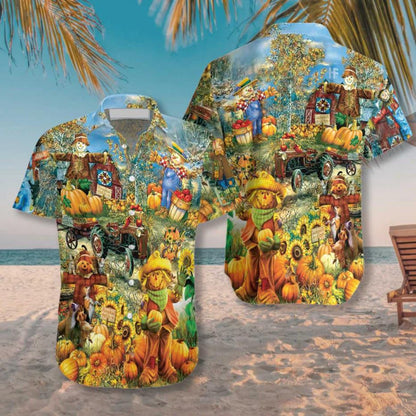 Smiley Pumpkin On The Farm Thanksgiving Hawaiian Shirt,Hawaiian Shirt Gift, Christmas Gift
