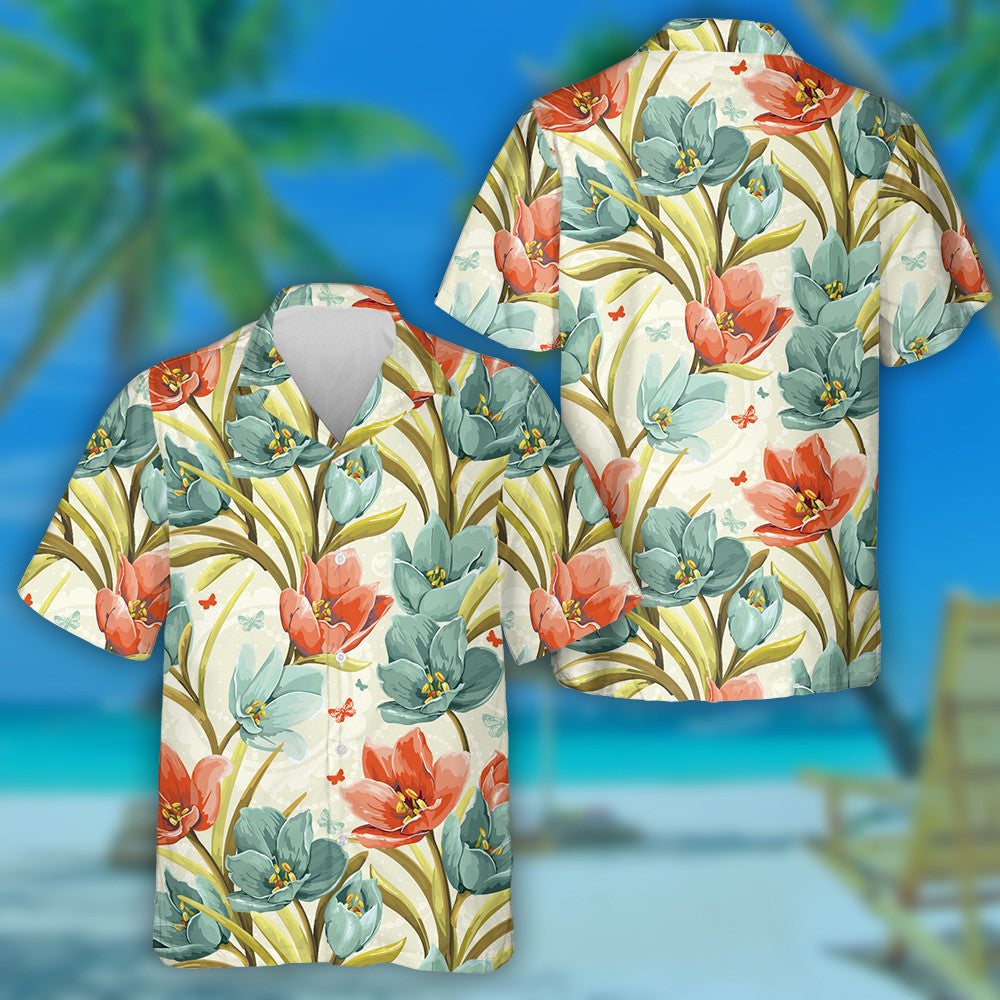 Beautiful Floral Background With Crocuses Elegance Vintage Design Hawaiian Shirt, Hawaiian Shirt Gift, Christmas Gift