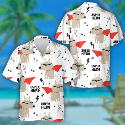 Super Hero Cute Dog In Cartoon Background Hawaiian Shirt, Hawaiian Shirt Gift, Christmas Gift