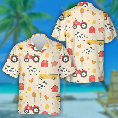 Hand Drawn Countryside Farm Car And Cow Hawaiian Shirt, Hawaiian Shirt Gift, Christmas Gift