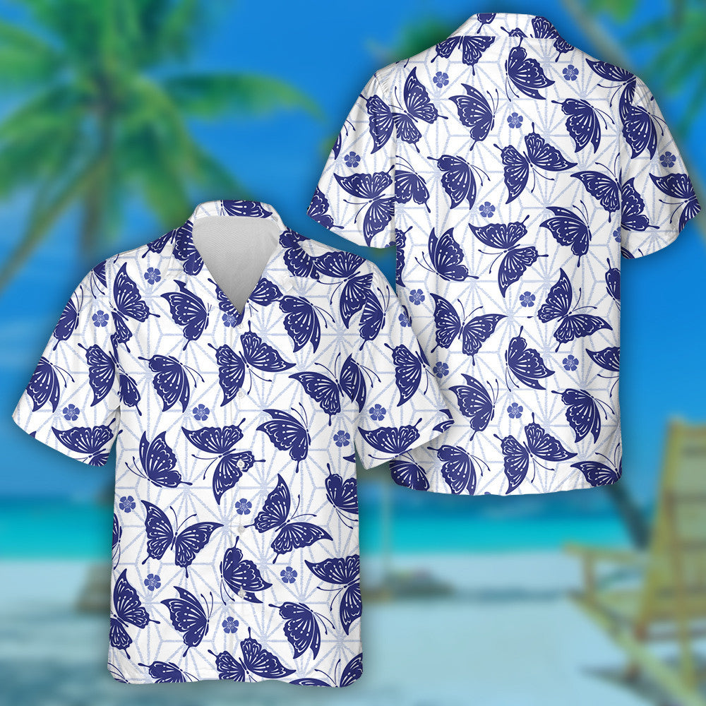 Hand Drawn Japanese Butterfly And Purple Flora Hawaiian Shirt, Hawaiian Shirt Gift, Christmas Gift