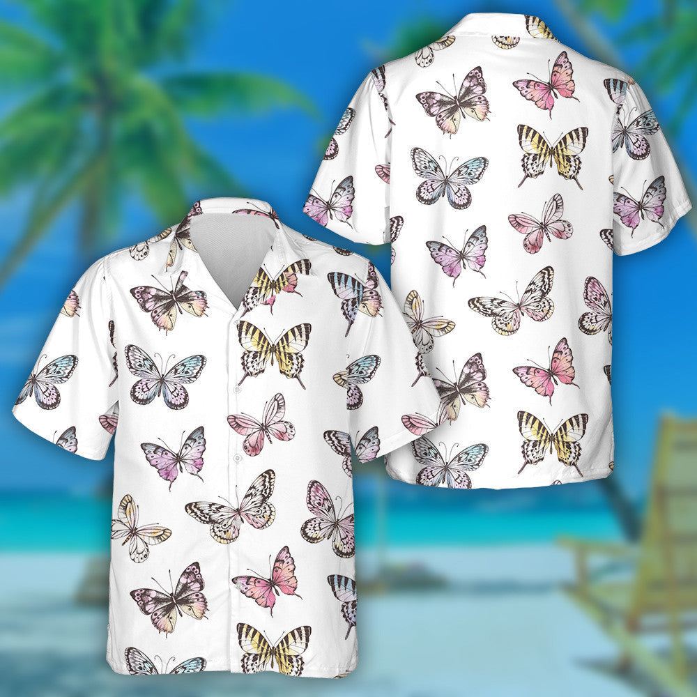 Hand Drawn Butterfly Silhouettes With Watercolor Hawaiian Shirt, Hawaiian For Gift