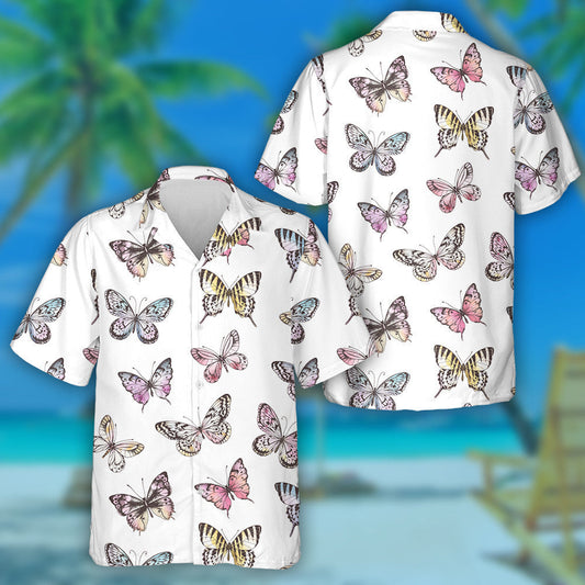 Hand Drawn Butterfly Silhouettes With Watercolor Hawaiian Shirt, Hawaiian For Gift