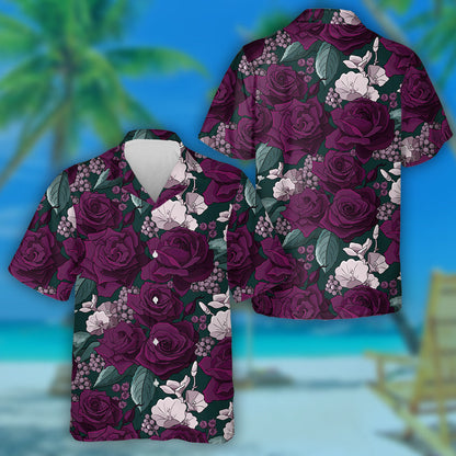 Dark Purple Rose Abstract Flower Hand Drawn Pattern Hawaiian Shirt, Hawaiian Shirt Gift, Christmas Gift