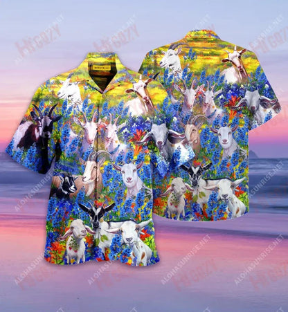 Goats In Bluebonnets Unisex Short Sleeve Shirt Ocean Hawaiian T Shirts Custom Hawaiian Shirts Hawaiian Shirt Pattern, Hawaiian Shirt Gift, Christmas Gift