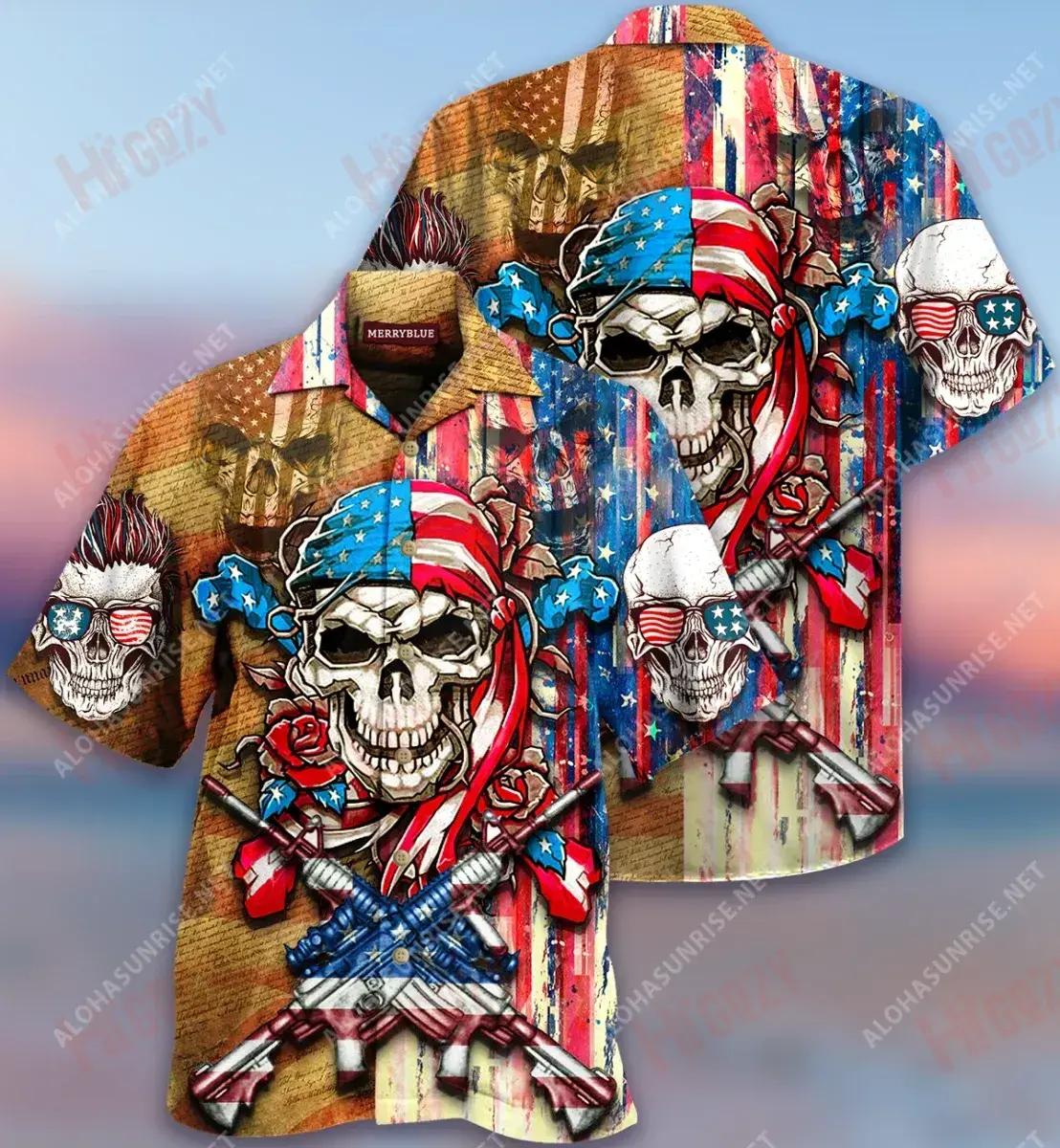 Patriotic Flower Skull Unixex Short Sleeve Shirt Ocean Hawaiian T Shirts Hawaiian Crazy Shirts Hawaiian Shirts For Women, Hawaiian Shirt Gift, Christmas Gift