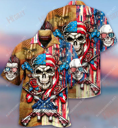 Patriotic Flower Skull Unixex Short Sleeve Shirt Ocean Hawaiian T Shirts Hawaiian Crazy Shirts Hawaiian Shirts For Women, Hawaiian Shirt Gift, Christmas Gift
