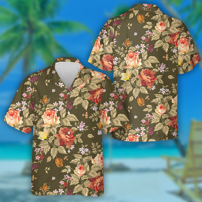 Watercolor Orange Rose Branch Colorful Flower Garden Pattern Hawaiian Shirt, Hawaiian Shirt Gift, Christmas Gift