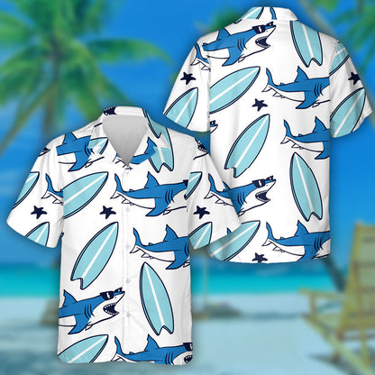 Cool Shark And Surfboard Drawing White Theme Design Hawaiian Shirt, Hawaiian Shirt Gift, Christmas Gift