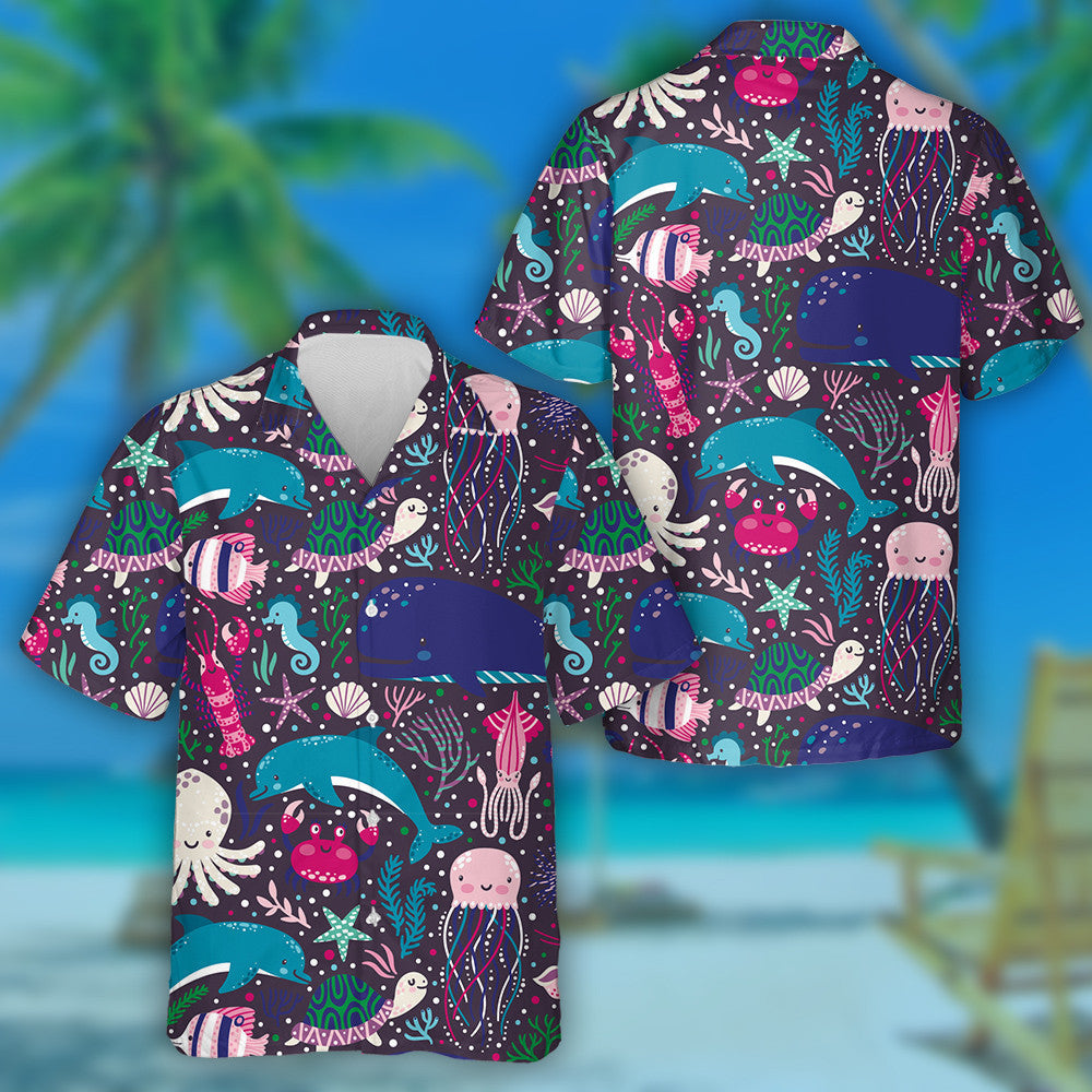 Cartoon Underwater Creatures Fishes Coral Reef Seaweed Pattern Hawaiian Shirt, Hawaiian Shirt Gift, Christmas Gift