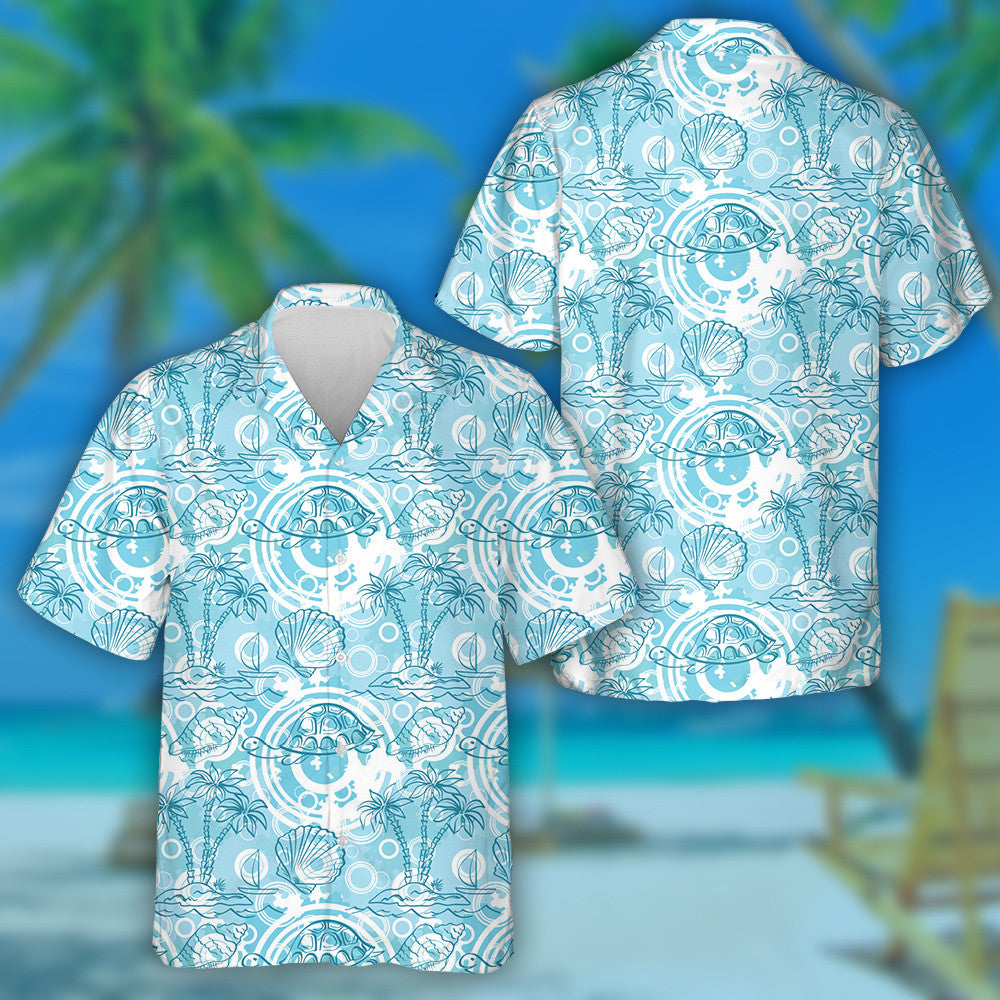 Sea Island With Palm Trees Boat And Turtles Hawaiian Shirt, Hawaiian Shirt Gift, Christmas Gift