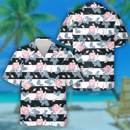 Black White Stripes Background With Watercolor Pink Rose Hawaiian Shirt, Hawaiian Shirt Gift, Christmas Gift