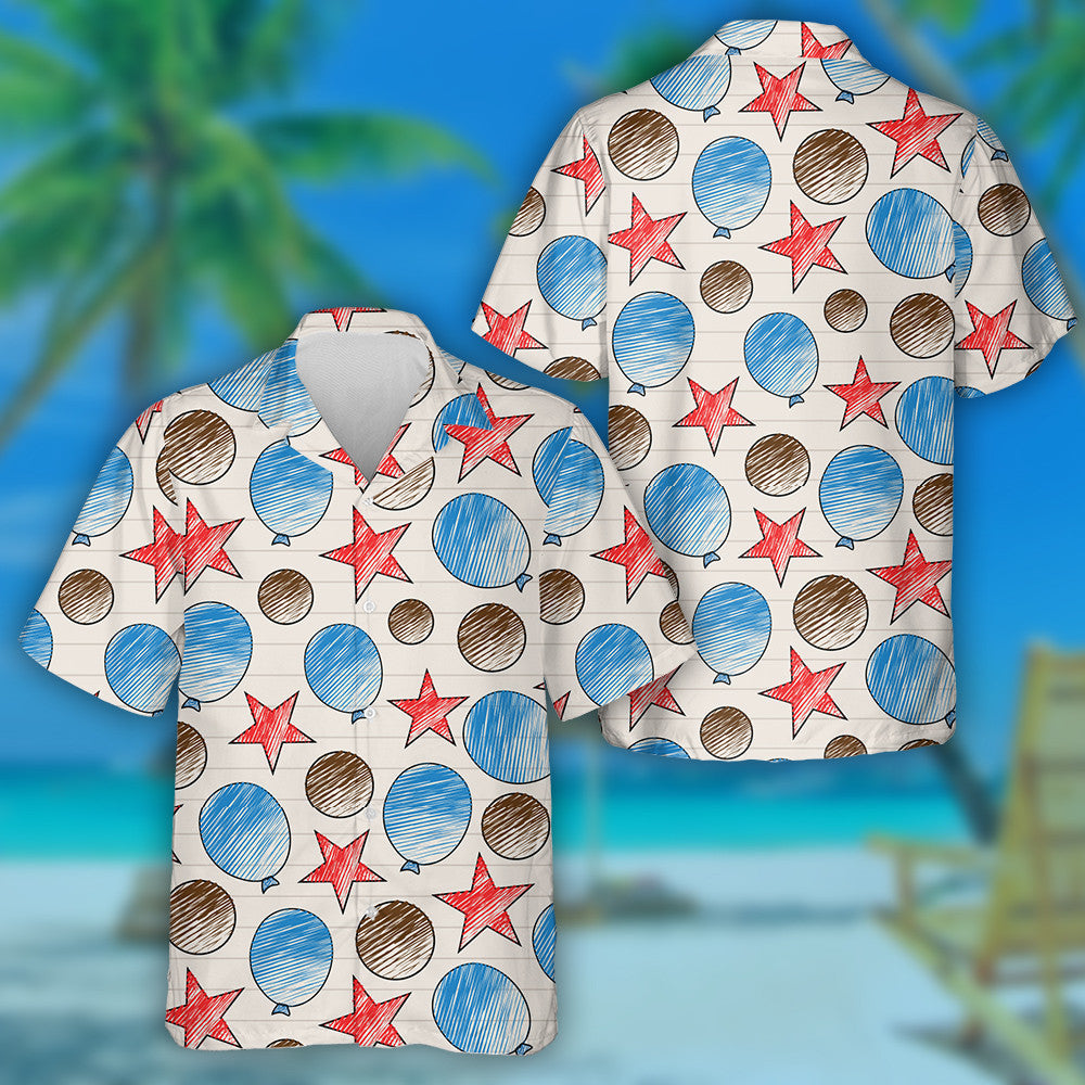 Hand Drawn Shaped In Red Blue And Brown Pattern Hawaiian Shirt, Hawaiian Shirt Gift, Christmas Gift