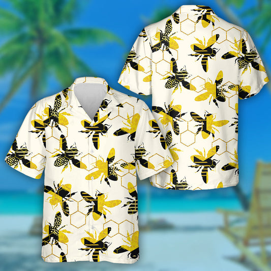 Hand Drawn Geometric With Bees Modern Hawaiian Shirt, Hawaiian For Gift