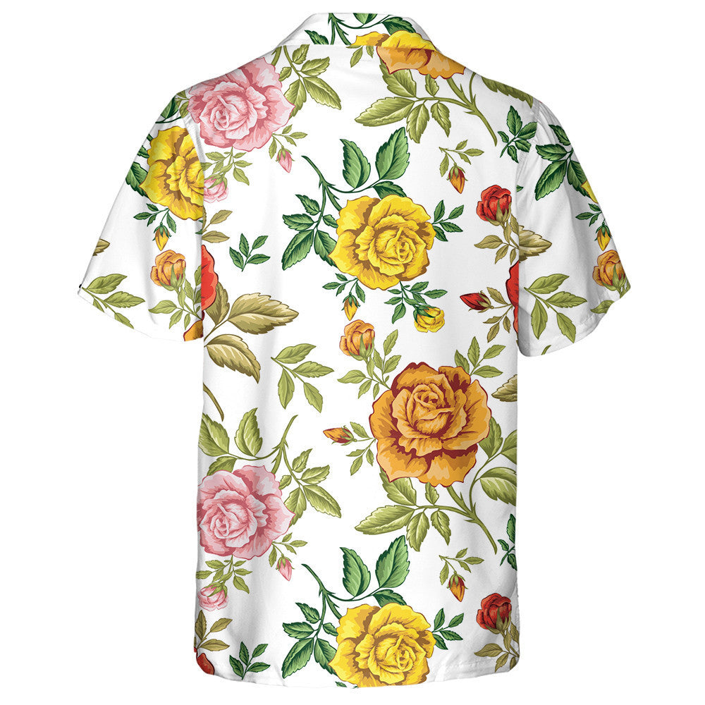 Colorful Roses Branch Art Pattern On White Background Hawaiian Shirt, Hawaiian Shirt Gift, Christmas Gift