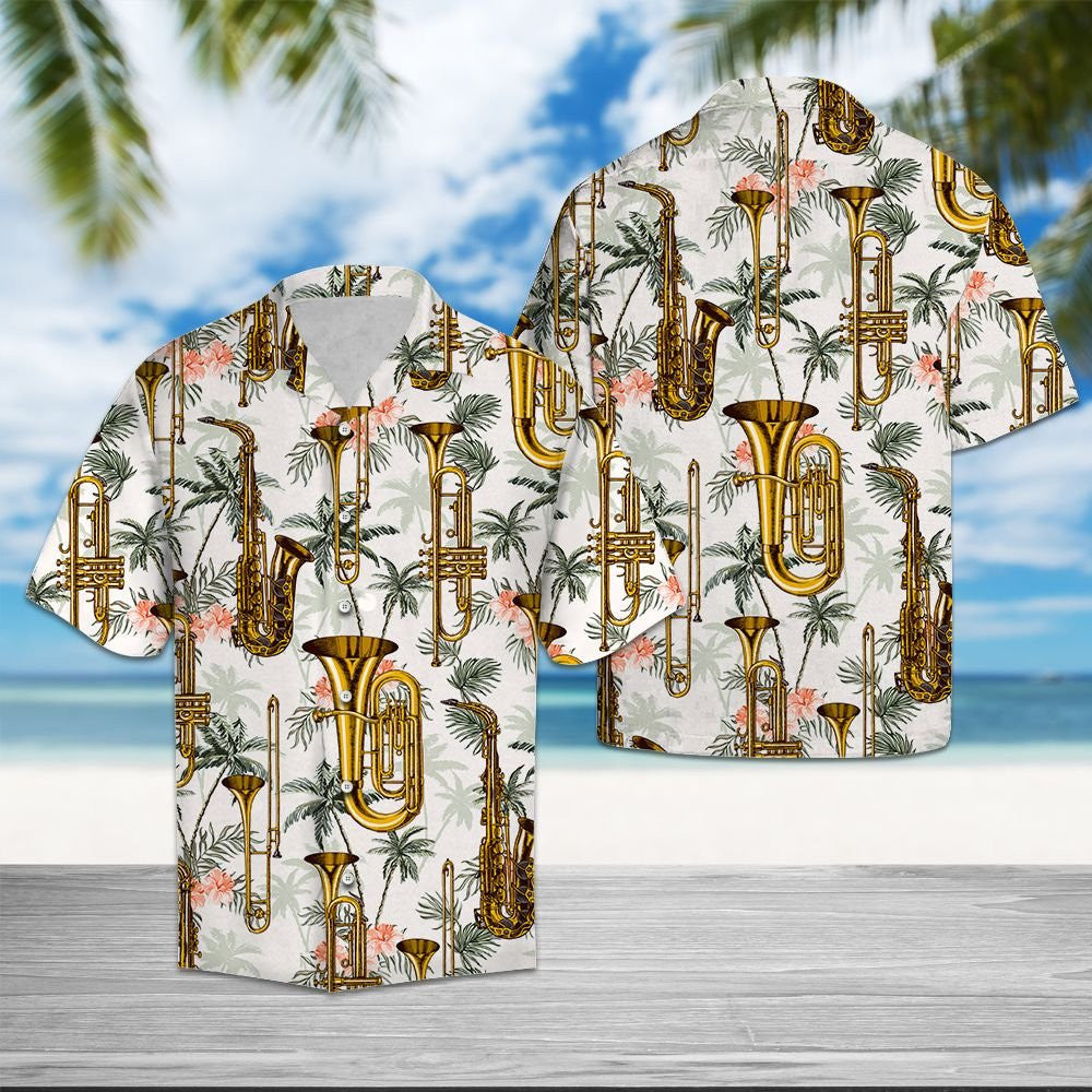 Golden Saxophone With Palm Trees In White Hawaiian Shirt, Hawaiian Shirt Gift, Christmas Gift