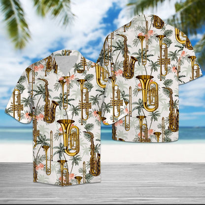 Golden Saxophone With Palm Trees In White Hawaiian Shirt, Hawaiian Shirt Gift, Christmas Gift