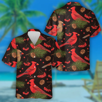 Hand Drawn Red Cardinal Bird And Spruce Hawaiian Shirt, Hawaiian Shirt Gift, Christmas Gift
