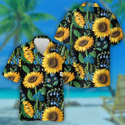 Blue Floral And Sunflowers Hippie Pattern On Black Background Hawaiian Shirt, Hawaiian Shirt Gift, Christmas Gift
