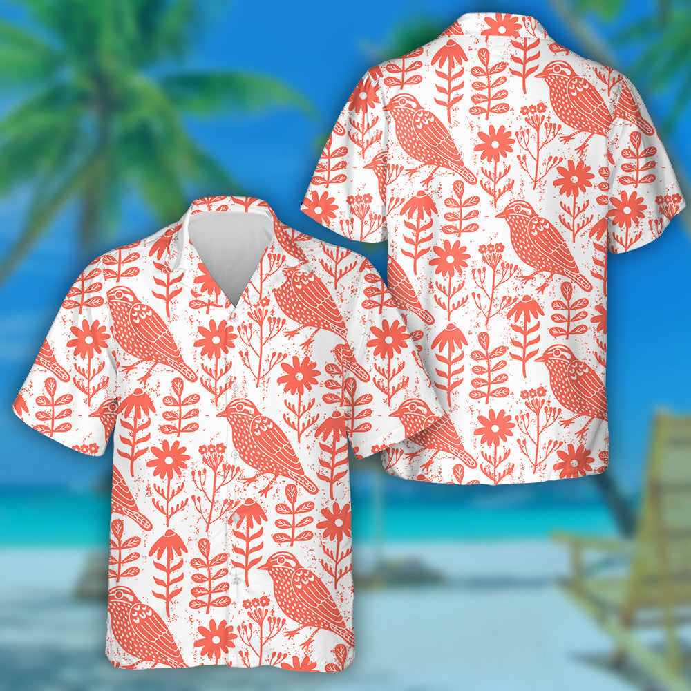 Red Birds And Floral On White Background Hawaiian Shirt, Hawaiian Shirt Gift, Christmas Gift