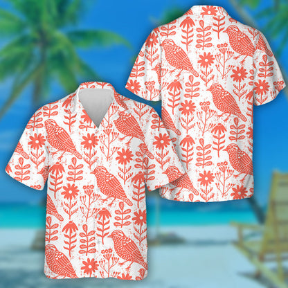 Red Birds And Floral On White Background Hawaiian Shirt, Hawaiian Shirt Gift, Christmas Gift