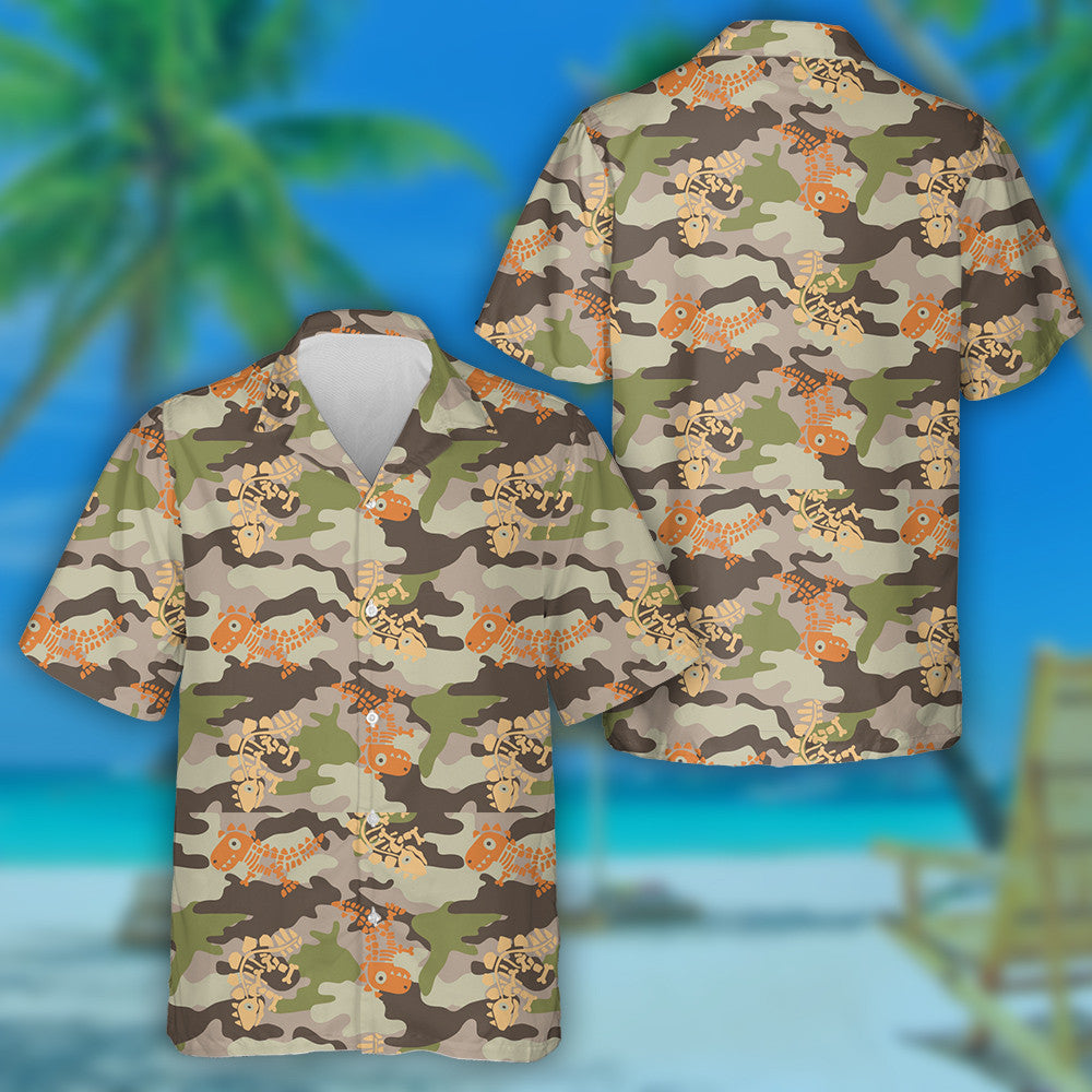 Vintage Dinosaur Skeleton Fossil Camou Background Hawaiian Shirt, Hwaiian For Gift