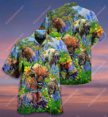 Bison In Spring Field Short Sleeve Shirt Vacation Short Sleeve Tactical Hawaiian Shirt Hawaiian Shirts For Women,Hawaiian Shirt Gift, Christmas Gift