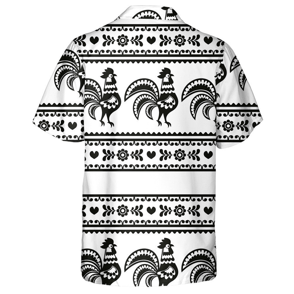 Wzory Lowickie Monochrome Folk Art Pattern With Chicken Hawaiian Shirt, Hawaiian Shirt Gift, Christmas Gift