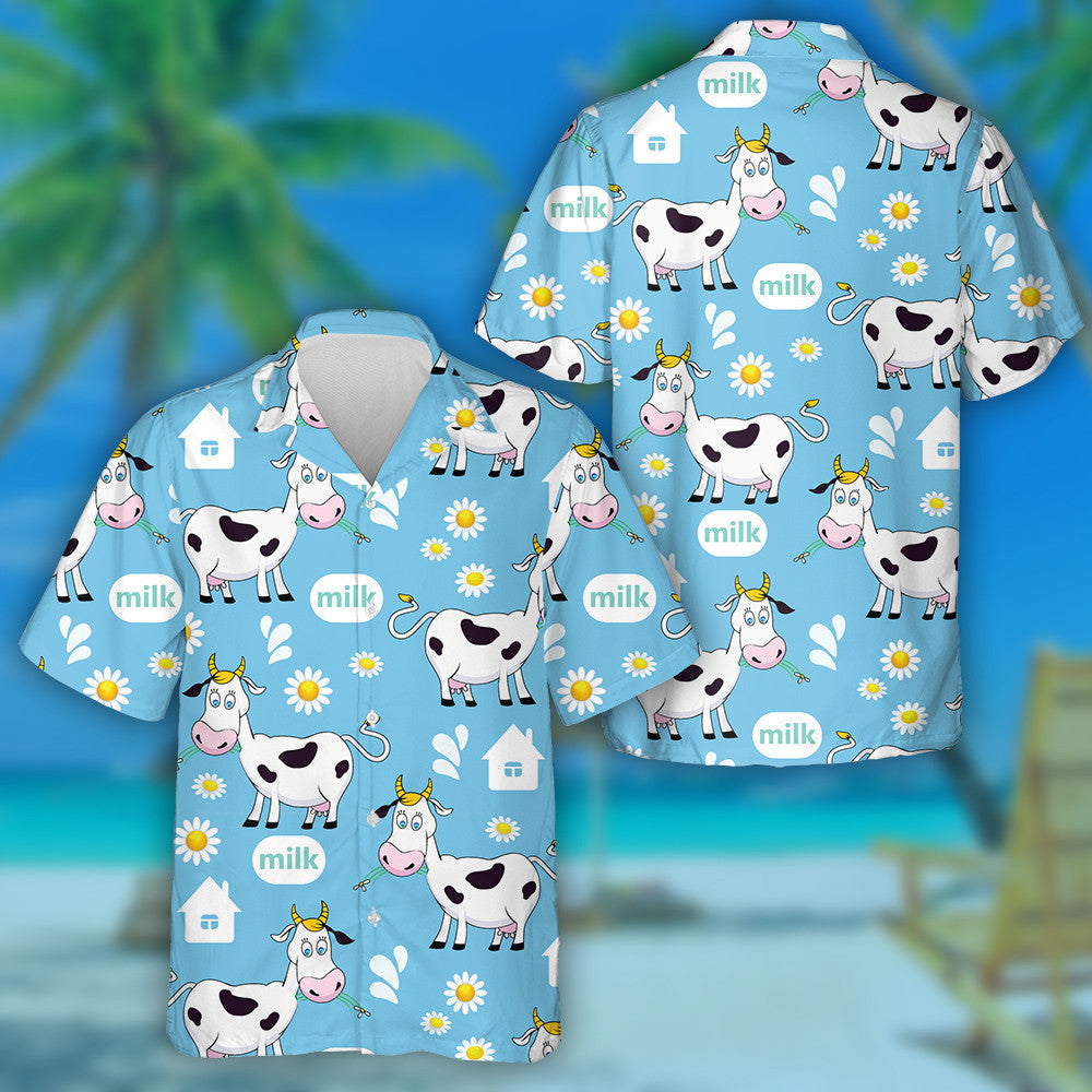 Cartoon Cow And White House On Blue Hawaiian Shirt, Hawaiian Shirt Gift, Christmas Gift