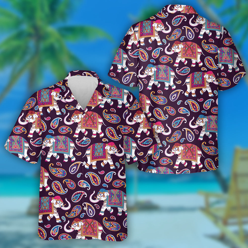 Indian Style Elephant Walking And Paiseley Hawaiian Shirt, Hawaiian For Gift